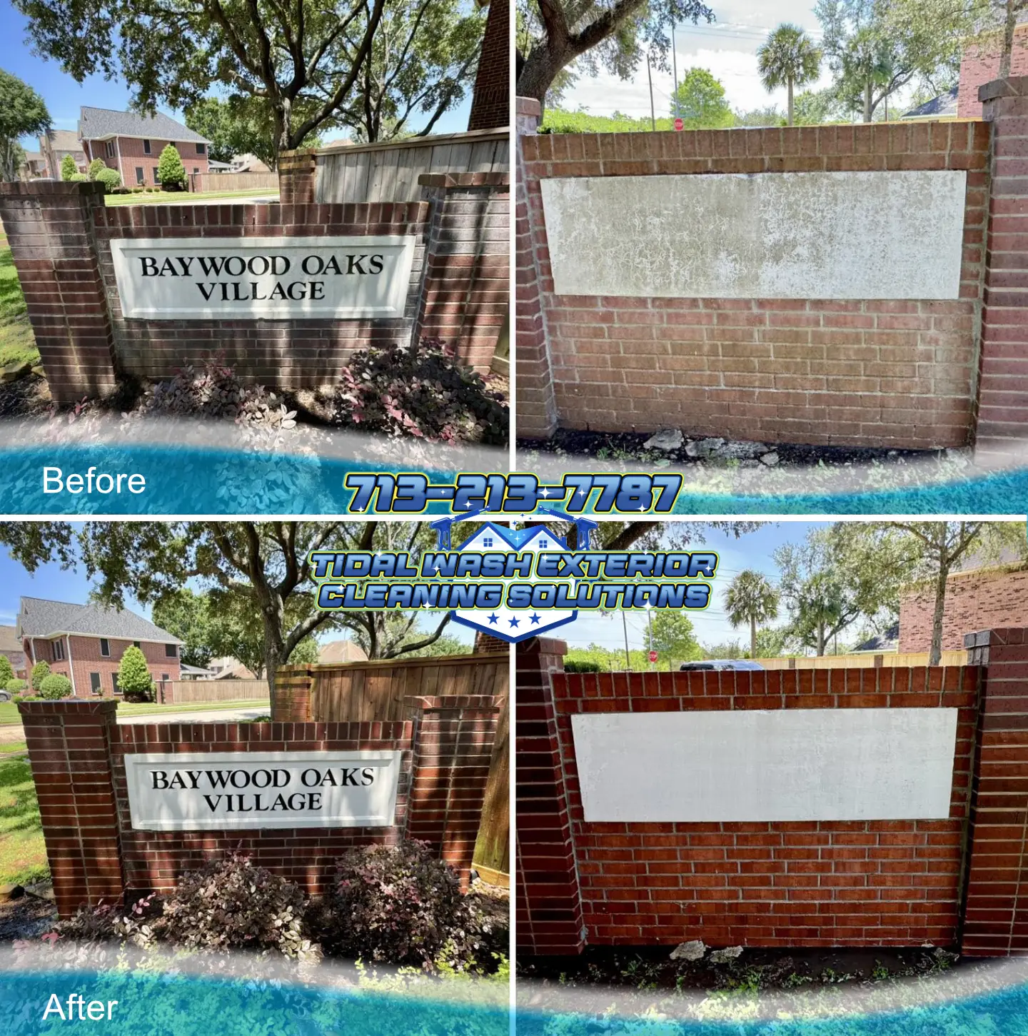 Baywood Oaks Village sign cleaned with soft wash, removing algae, mildew, and efflorescence