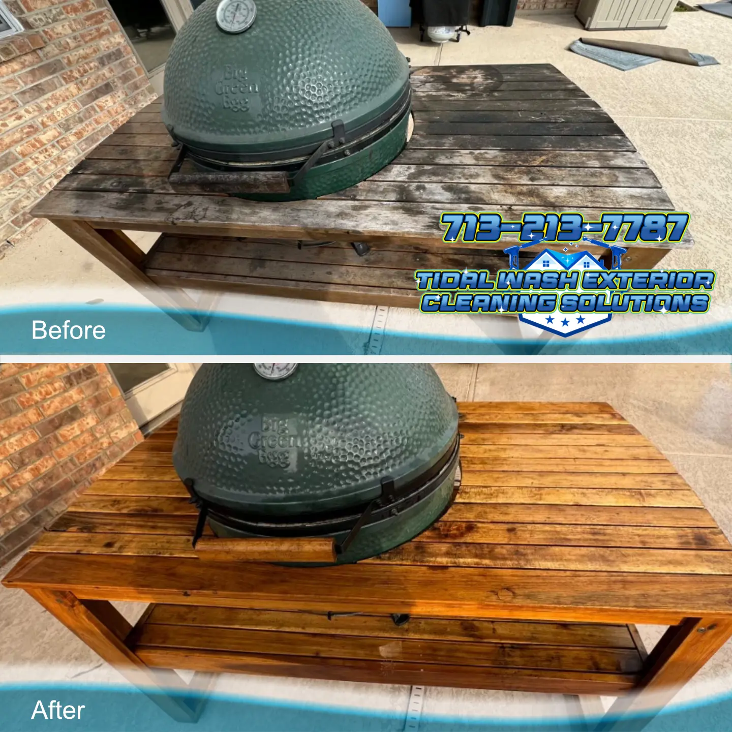 Wooden Green Egg table restoration in League City, TX showing clean, revived outdoor surface.