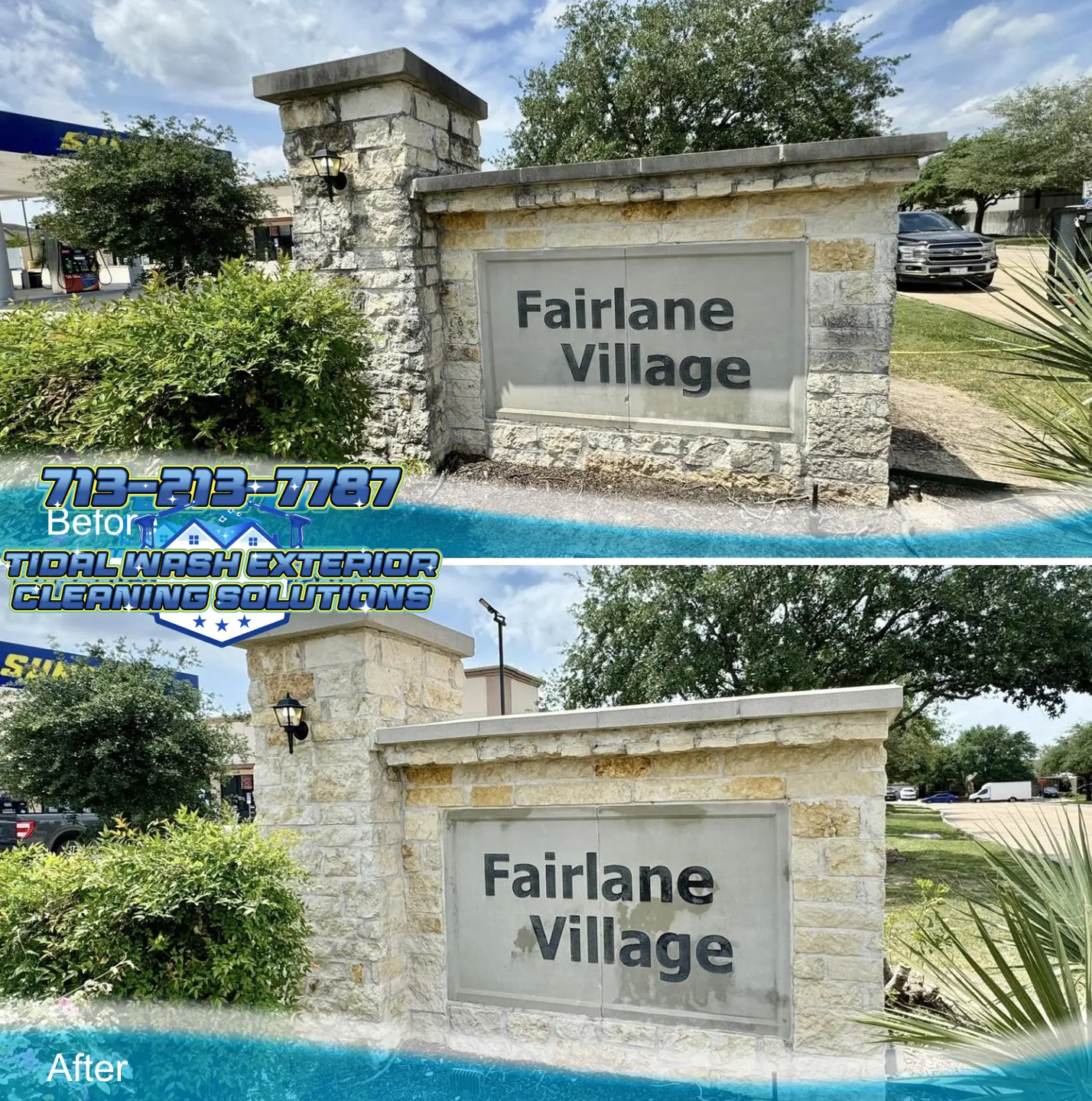 Summary photo of HOA Harris County sign restoration showing soft wash results by Tidal Wash.