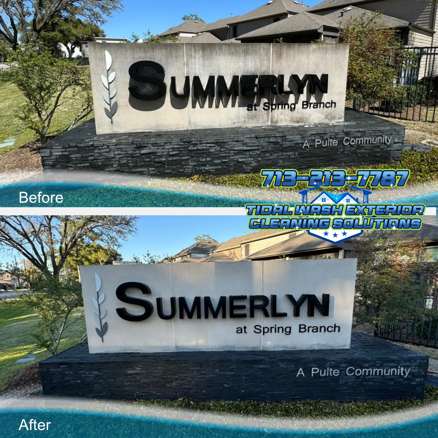 Restored HOA entrance sign in Houston, TX after soft washing by Tidal Wash Exterior Cleaning Solutions, showing improved curb appeal and visibility