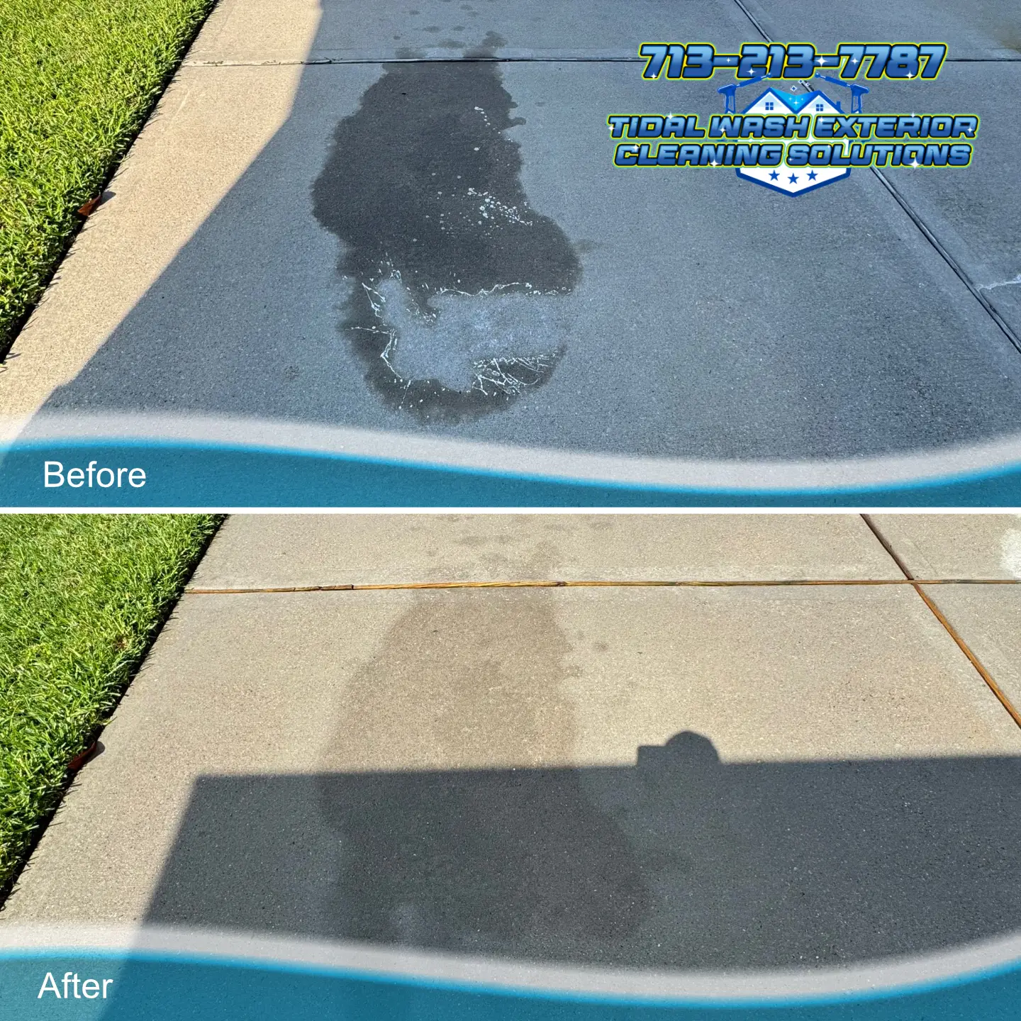 Summary image showing oil stain cleaning results on concrete driveway in Hidden Lakes, League City, TX
