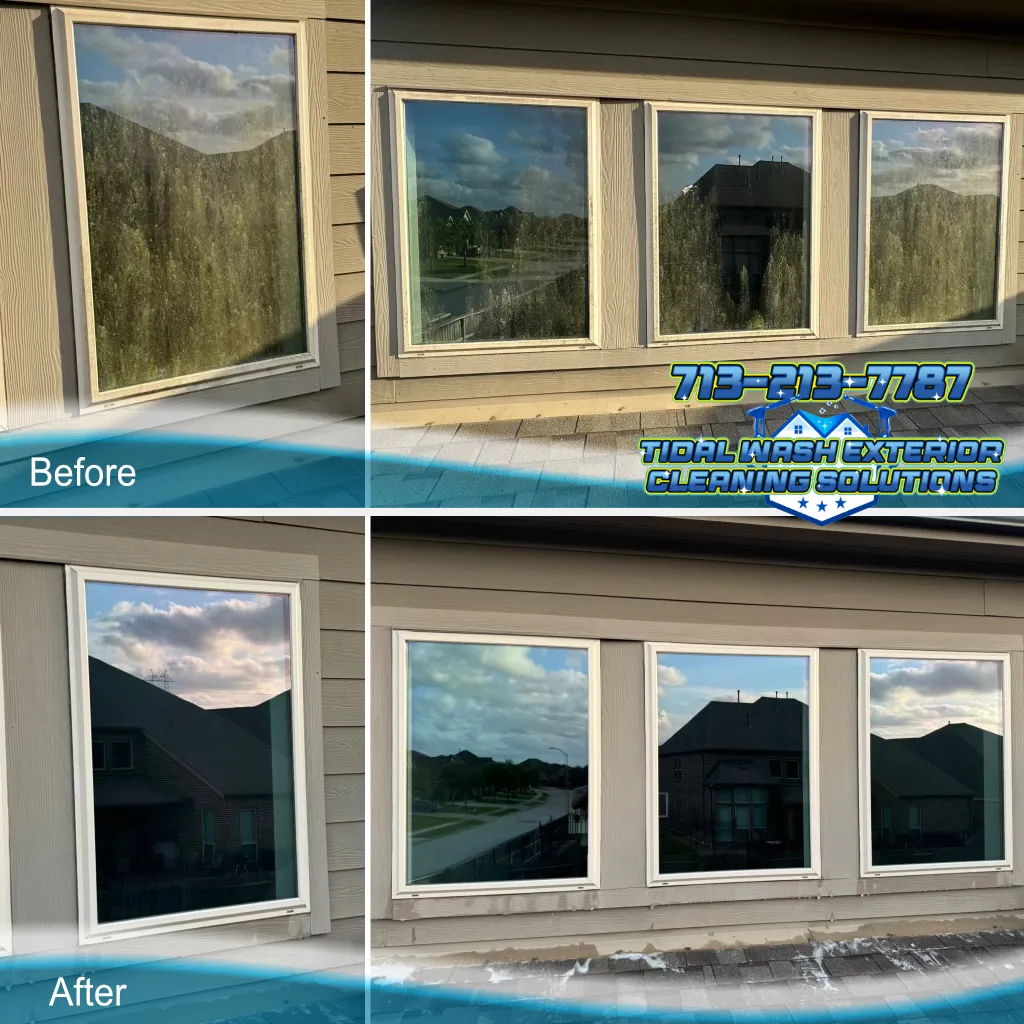 Summary image of traditional mop and squeegee residential window cleaning in Pearland TX, Shadow Creek Ranch