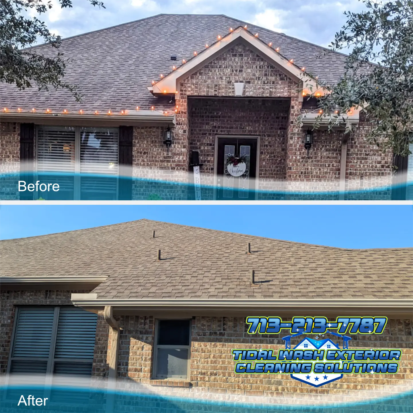 Professional roof cleaning, garage ceiling, and soffit restoration by Tidal Wash in League City, TX – Completed March 2025