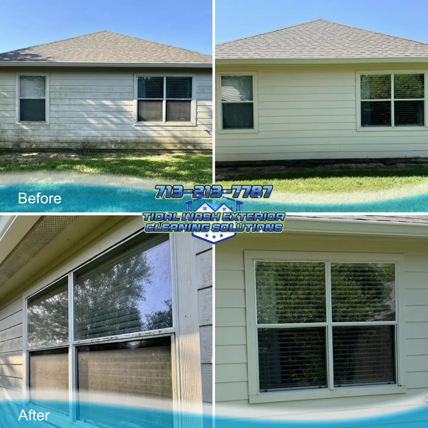 Summary image of League City house wash showing soft wash on brick, hardie board, and concrete