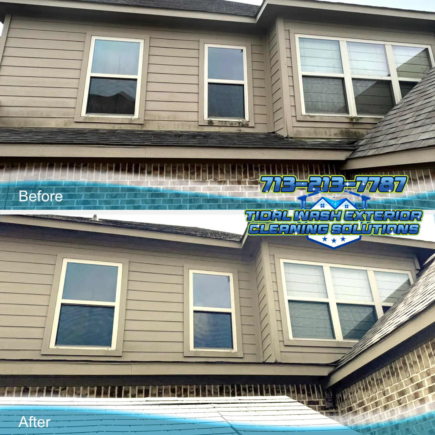 Richmond, TX house, shed, and driveway soft wash showing spotless, restored exterior by Tidal Wash.