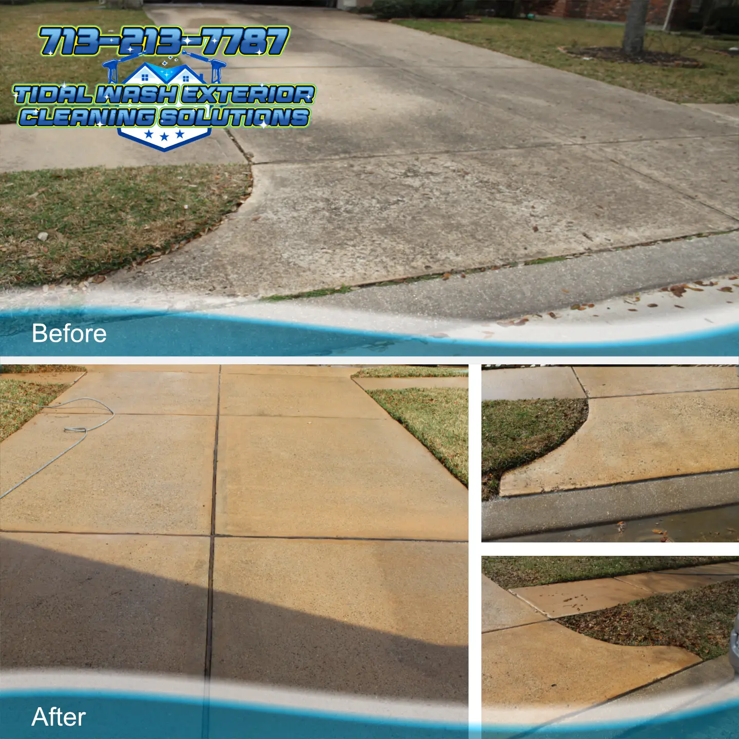 Eco-friendly driveway cleaning in Galveston, TX removing algae, salt, and grime from concrete surfaces