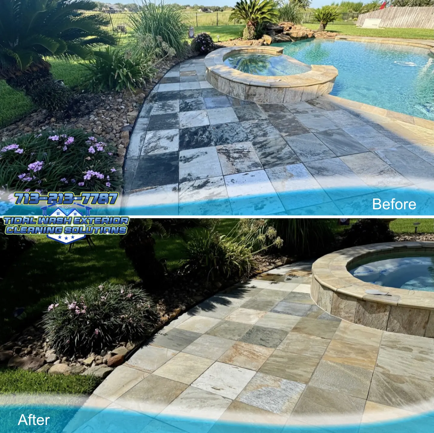 Cleaned pool deck tiles in Magnolia Creek after organic buildup removed with professional surface cleaning