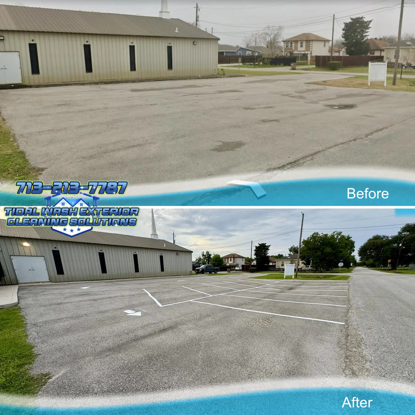 Summary image of new parking lot striping layout at James Temple Church in Dickinson, TX