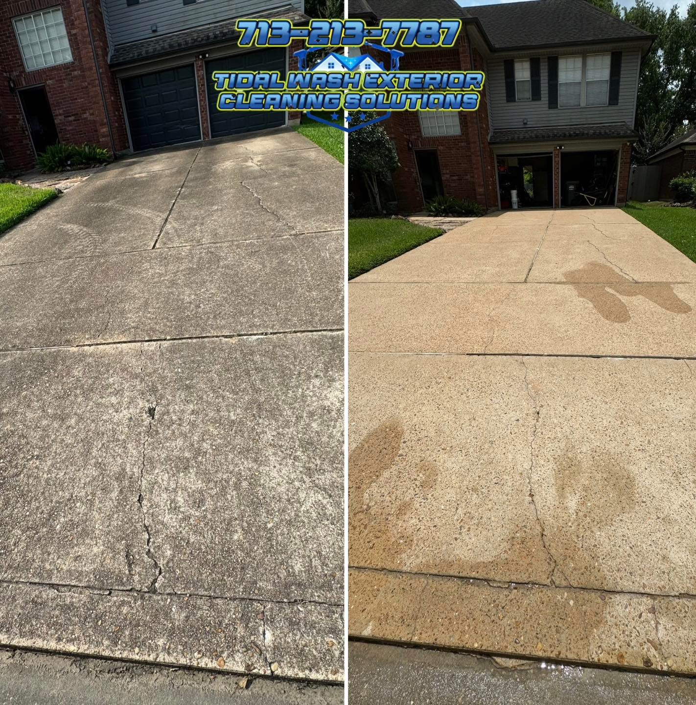 Before and after results of concrete driveway and sidewalk cleaning in Pasadena TX – May 2025 project