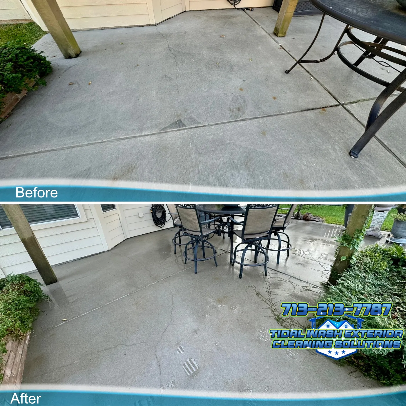 Concrete patio and front walkway cleaning in Westover Park, League City TX by Tidal Wash