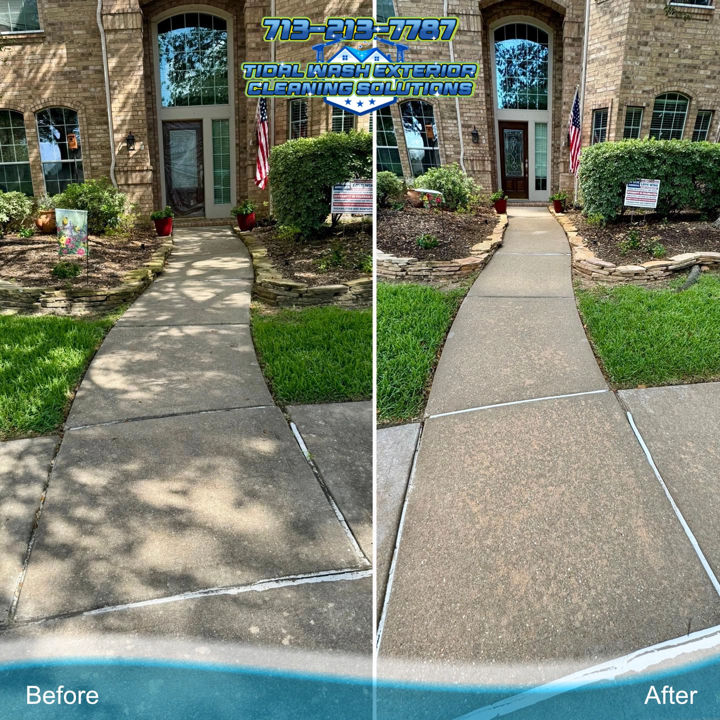 Concrete front entry walkway in Westover Park cleaned of algae and mildew, showing before and after comparison