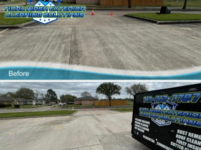 Before and after of HOA parking lot cleaning in League City, Texas, showing removal of dirt and stains for a cleaner surface.
