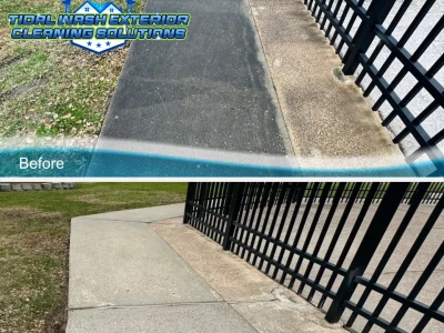 Before and after of HOA sidewalk cleaning in League City, Texas, showing dramatic improvement from stained, dirty concrete to clean, bright surfaces.