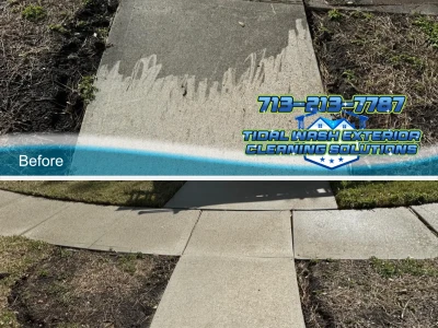 Sidewalk cleaning before and after from Feb 27, 2025, showing restored concrete with dirt and discoloration removed.