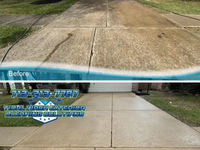 Before and after of residential driveway pressure washing from Feb 27, 2025, showing removal of stains and surface buildup.