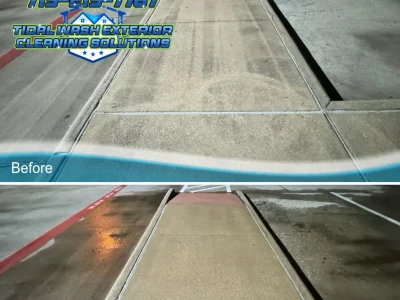 Starbucks storefront before and after pressure washing in March 2025, showing cleaner concrete and enhanced curb appeal.