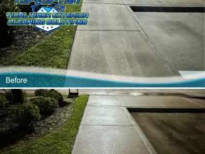 Sidewalk at Starbucks in Friendswood, TX cleaned in 2025, showing before and after results of oil and rust stain removal.