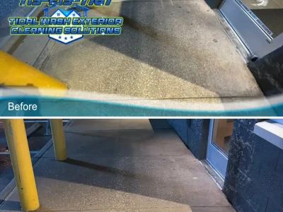 Before and after of Starbucks sidewalk cleaning in Friendswood, TX from March 8, 2025, showing removal of stains and restored concrete surface.