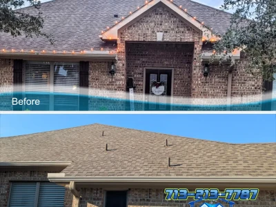 Before and after roof cleaning in League City by Tidal Wash, March 2025