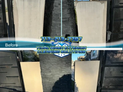 Stucco panels at HOA gated entrance in Houston, TX before and after soft washing in March 2025, showing brighter, refreshed surfaces.