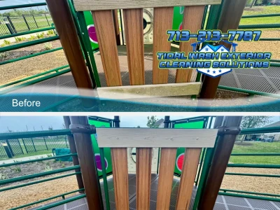 Soft washing of playground sidewall at HOA community park in Rosharon, TX.