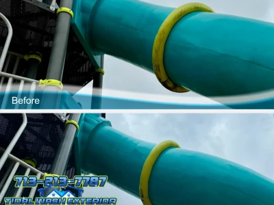 Top section of a tube slide being soft washed at Rosharon HOA playground.