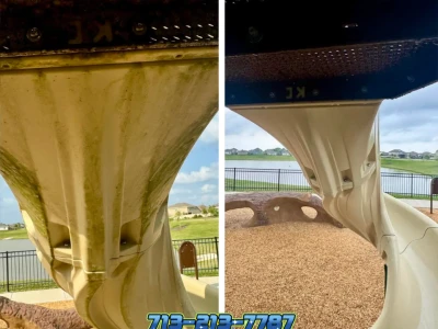 Underside of open twirly slide after soft wash cleaning in Rosharon HOA community.