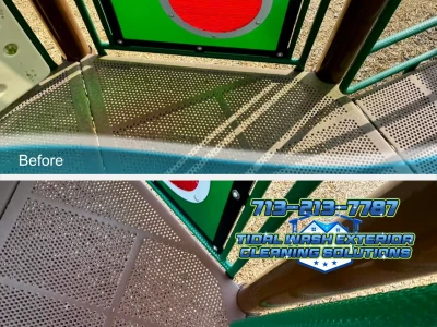 Upper-level metal playground walkway cleaned with a low-pressure soft wash in Rosharon.
