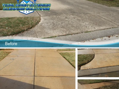 Tidal Wash technician cleaning a concrete driveway in Galveston, TX with surface cleaner.