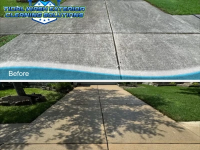Surface cleaning in progress on a stained Galveston driveway, revealing bright concrete underneath.