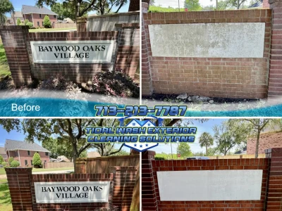 Baywood Oaks Village entrance sign cleaned with soft wash solutions