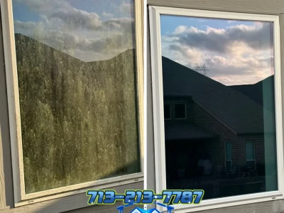 Before and after traditional mop and squeegee window cleaning in Pearland TX, second-level windows