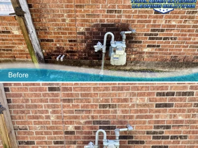 Before and after photo of League City house wash showing brick and hardie board cleaned