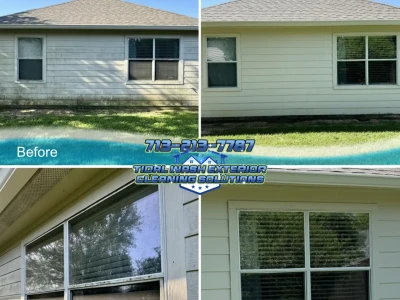 Before and after view of League City concrete surface cleaning and house soft wash