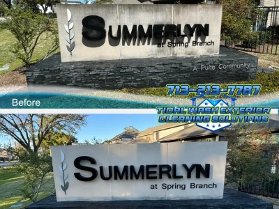Before and after image of HOA subdivision signage soft washed by Tidal Wash in Texas.