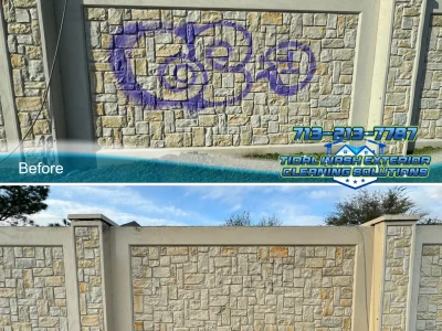 Before and after image of graffiti removal from HOA community wall by Tidal Wash Exterior Cleaning.