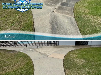 HOA sidewalk covered in algae before and after pressure washing by Tidal Wash.
