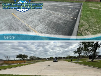Community parking area cleaned by Tidal Wash — pressure washing before and after photo.