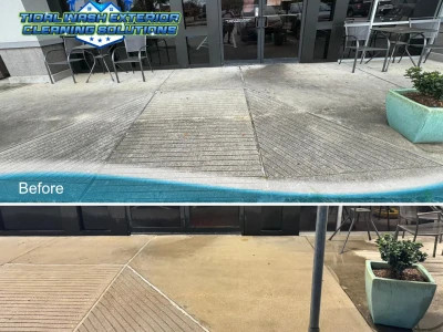 efore and after photos of restored commercial walkway cleaned in Friendswood, TX