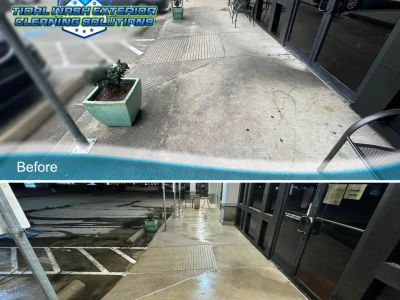 Side-by-side comparison of concrete sidewalk cleaned in Friendswood storefront project