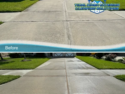 Before and after image showing driveway cleaning transformation in League City Hidden Lakes