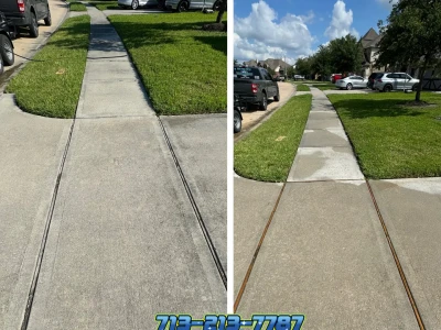 Before and after photos of sidewalk cleaning project in Hidden Lakes, League City, TX