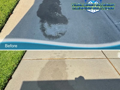 Angled view before and after oil stain removal on concrete driveway in Hidden Lakes, League City