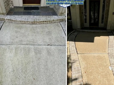 Restored walkway with cleaned brick border, concrete center, and paver edge
