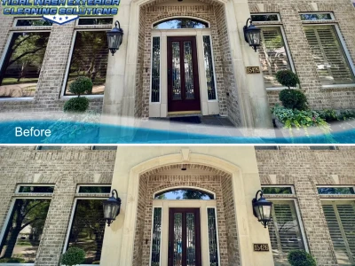 Before and after of front entry stone with algae and mildew professionally cleaned