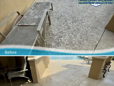 Concrete walkway at pool pavilion entry shown before and after softwash cleaning in League City