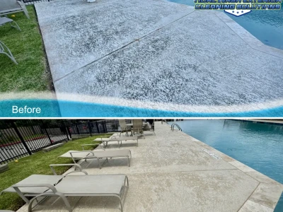 Softwash results on concrete poolside and lounge area at Constellation Pointe community pool
