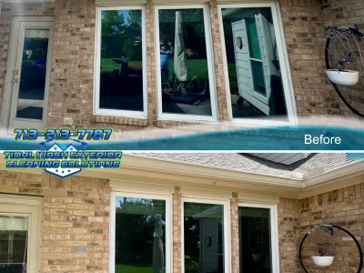 Brick wall and window cleaned with mop and squeegee method in League City home