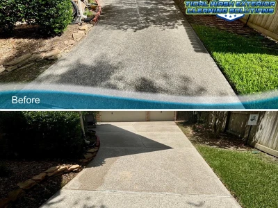 Concrete driveway cleaned of grease and grime from alternate angle in League City