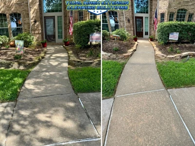 Concrete entry walkway cleaning before and after in Westover Park, League City